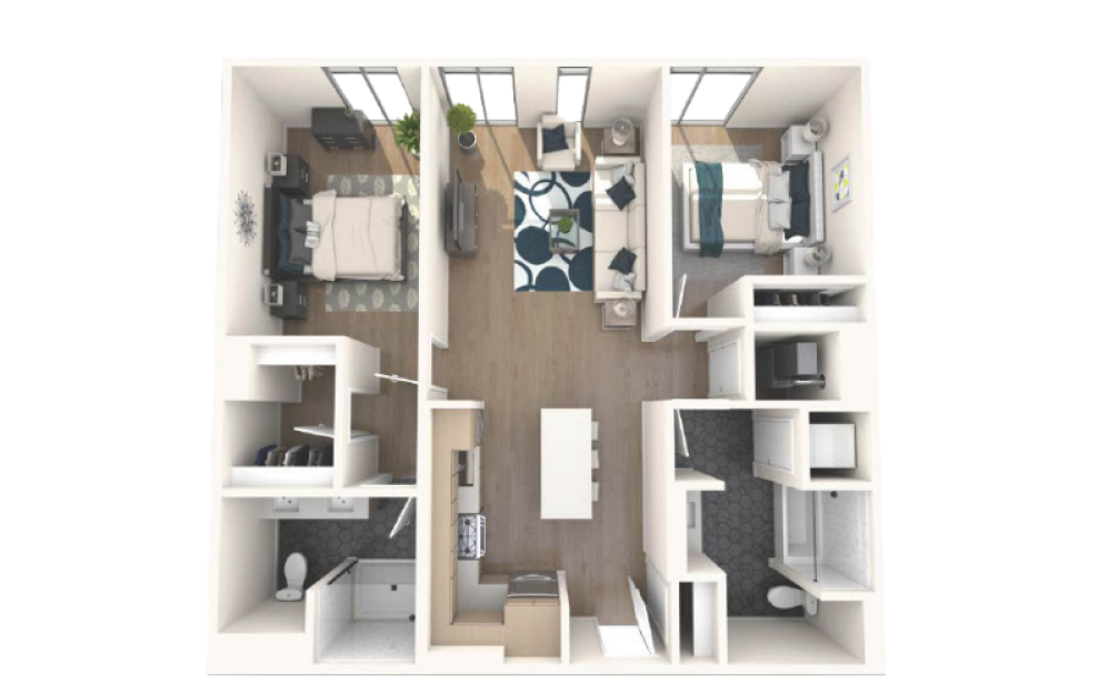 Two Bedroom - 2 bedroom floorplan layout with 2 bathrooms and 1005 square feet