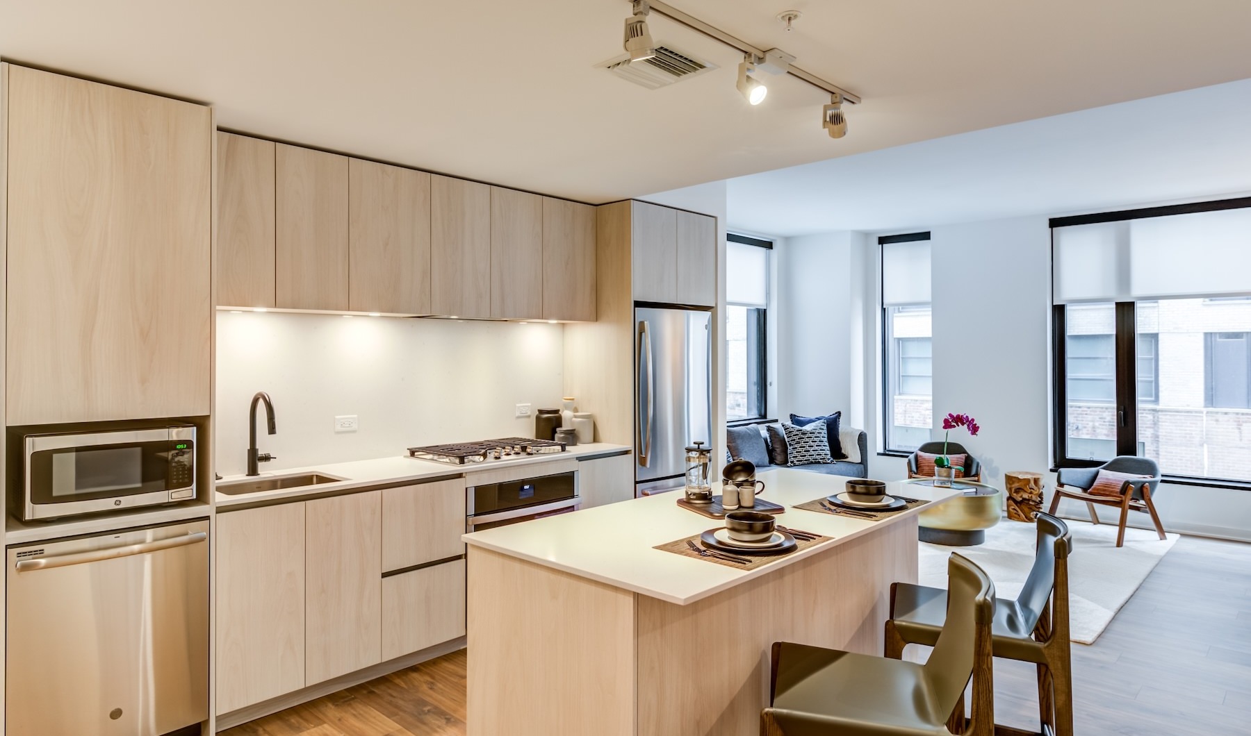 a kitchen with a white cabinets